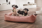 Zwei Hunde auf rosa Hundebett im Wohnzimmer, modernes Design, Holzboden, gemütliche Atmosphäre.