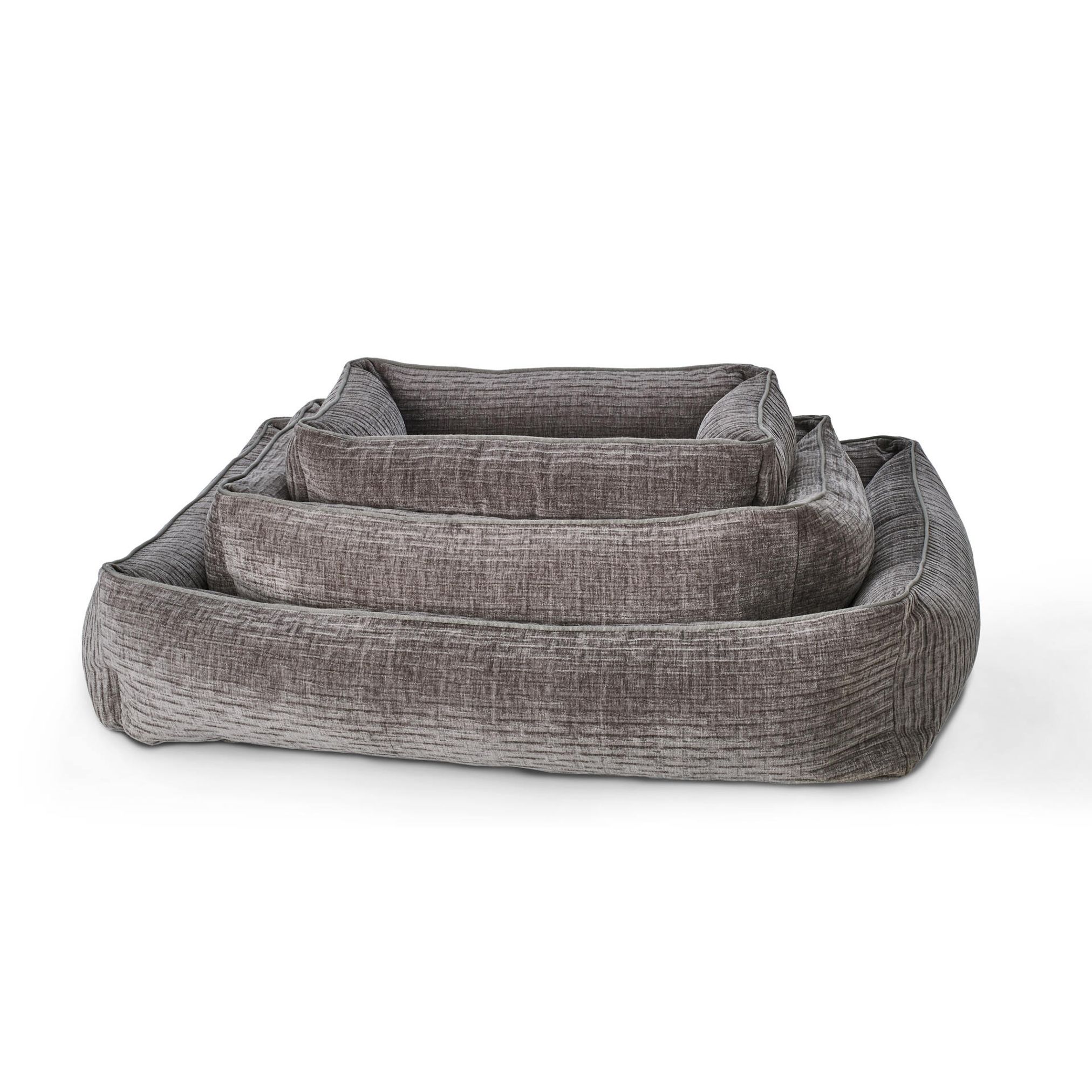 Graues Hundebett-Set aus Stoff, rechteckig, stapelbar, bequem, für Haustiere.