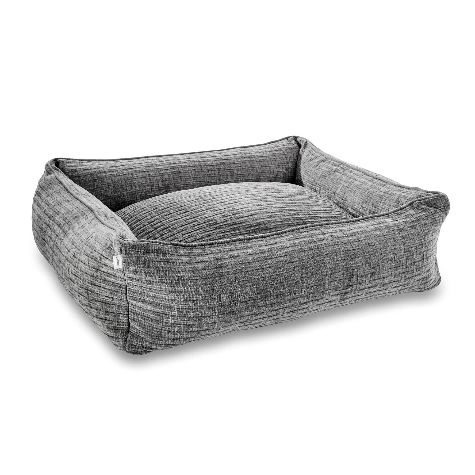 Graues Hundebett aus Stoff, quadratisch, gemütlich, waschbar, ideal für kleine bis mittelgroße Hunde.