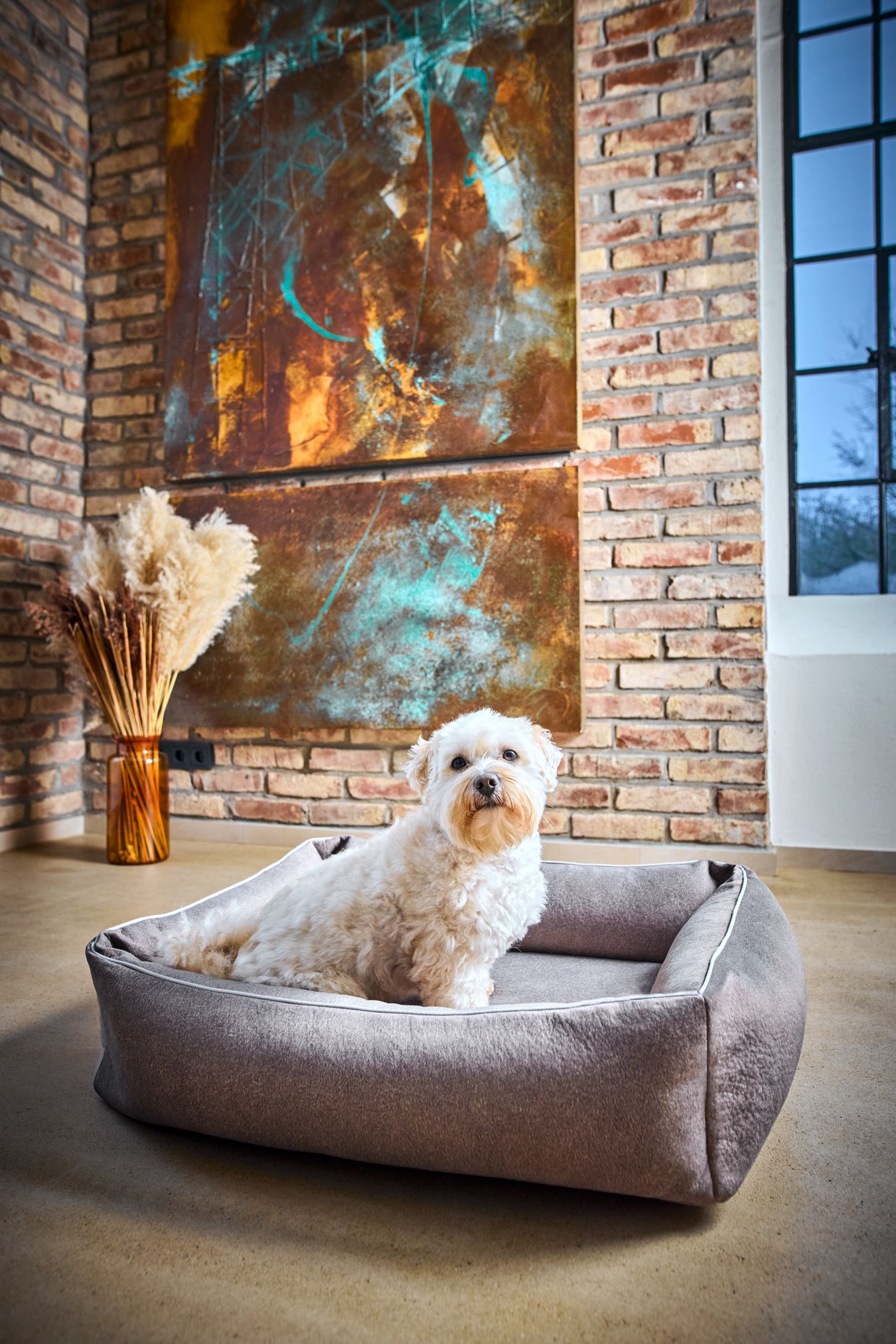 Kleiner weißer Hund in grauem Hundebett vor Backsteinwand mit Kunstwerk und Trockenblumen.