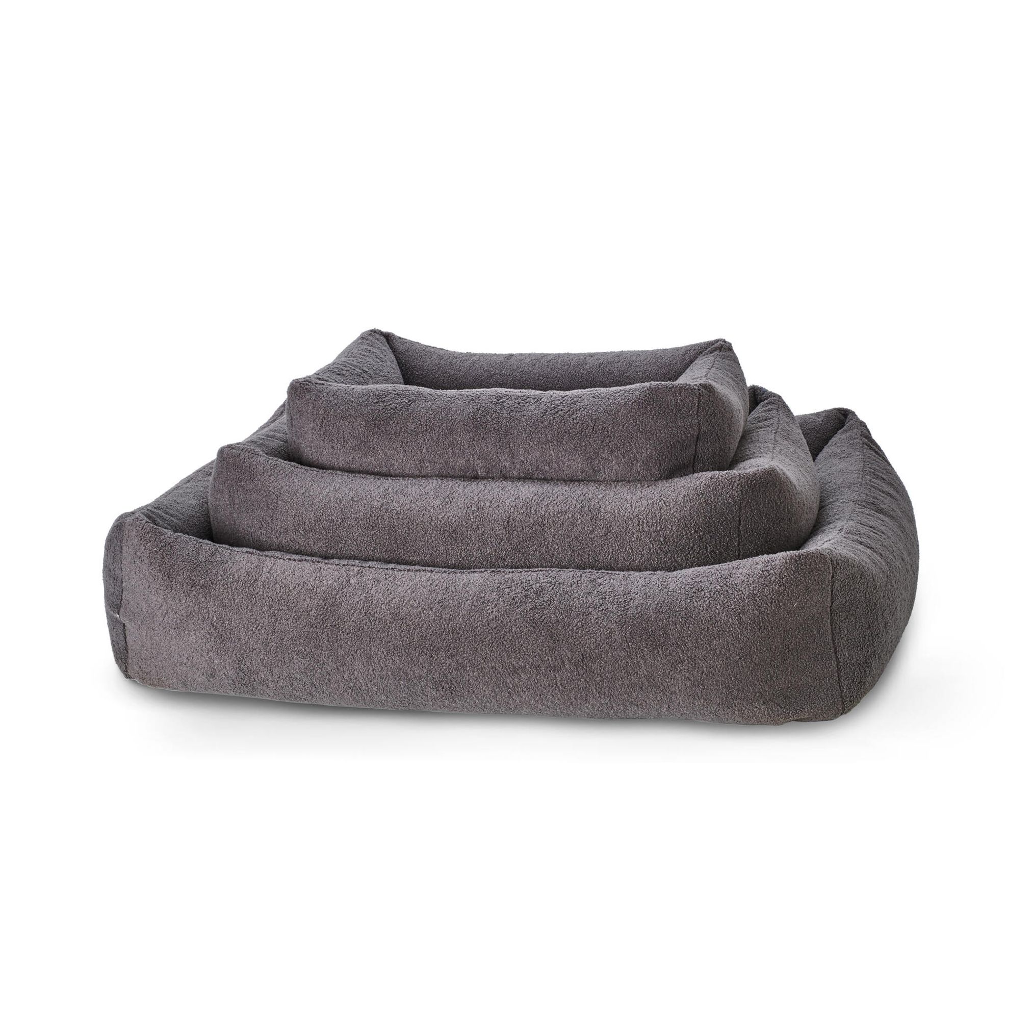 Graues Hundebett aus Stoff, rechteckig, stapelbar, bequem, für Haustiere, langlebig.