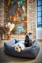 Zwei Hunde in grauem Hundebett vor Ziegelwand mit Kunstwerk und Trockenblumen.