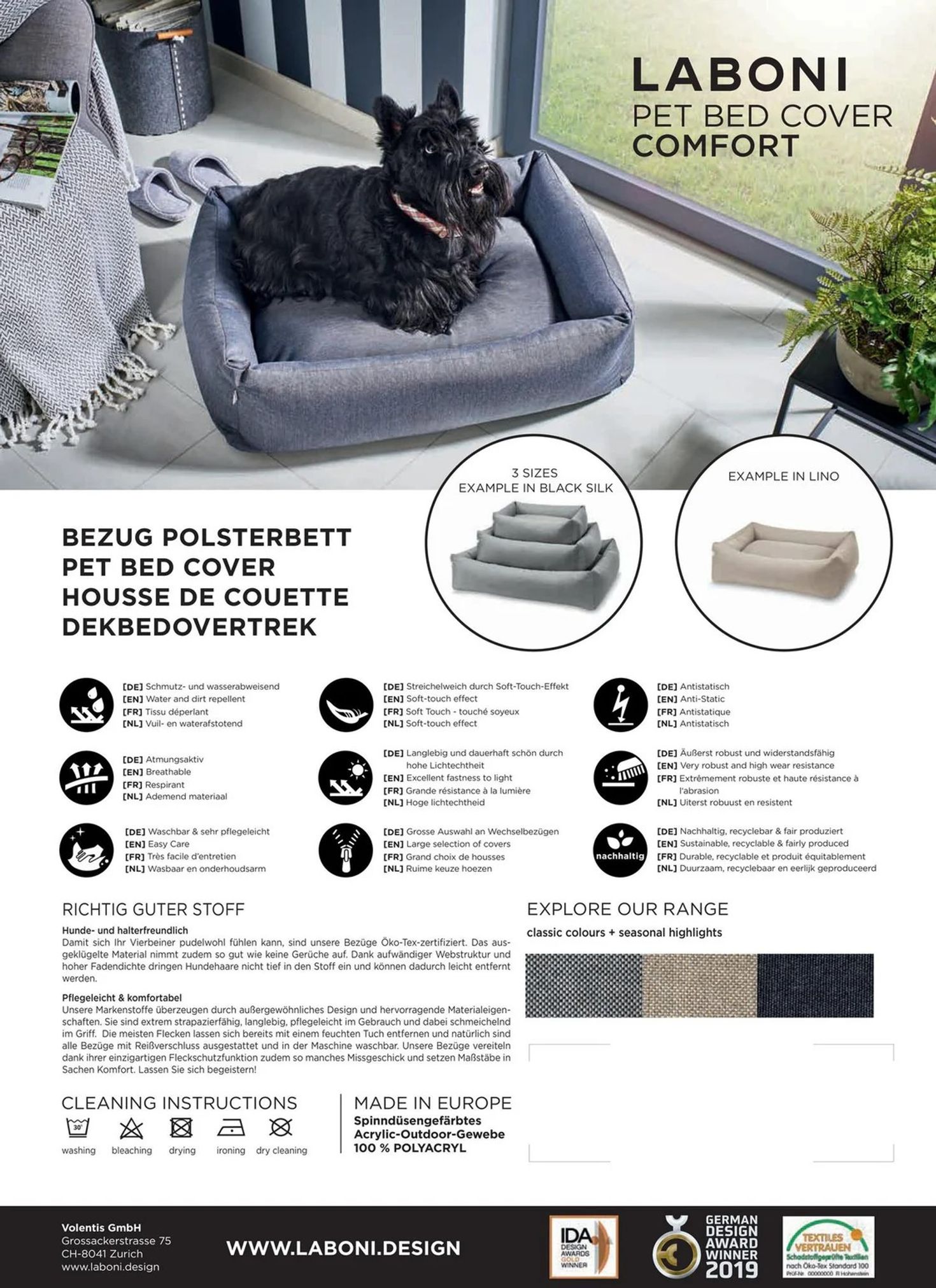 Schwarzes Hundebett mit Hund, LABONI Komfort, waschbar, langlebig, stilvolles Design.