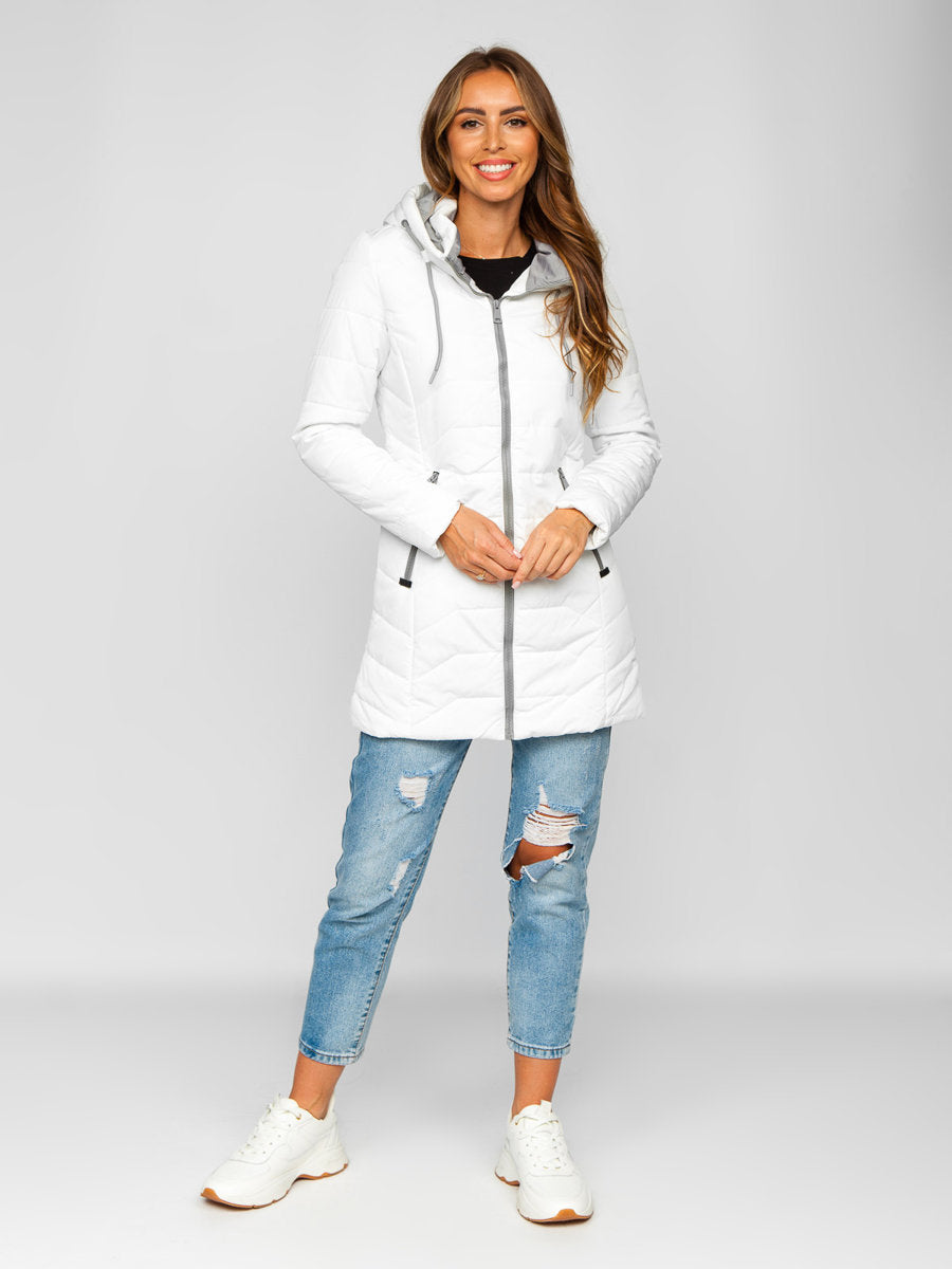 Damen Winterjacke weiß, lang, mit Kapuze, gesteppt. Modisch, warm, ideal für kalte Tage. Perfekt für stilvolle Winteroutfits.