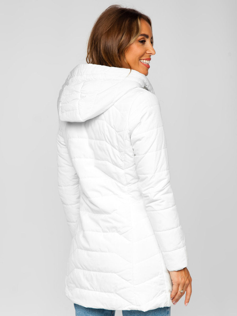 Damen Winterjacke, weiß, lang, mit Kapuze, gesteppt. Modisch und warm, ideal für kalte Tage. Perfekt für stilvolle Winteroutfits.