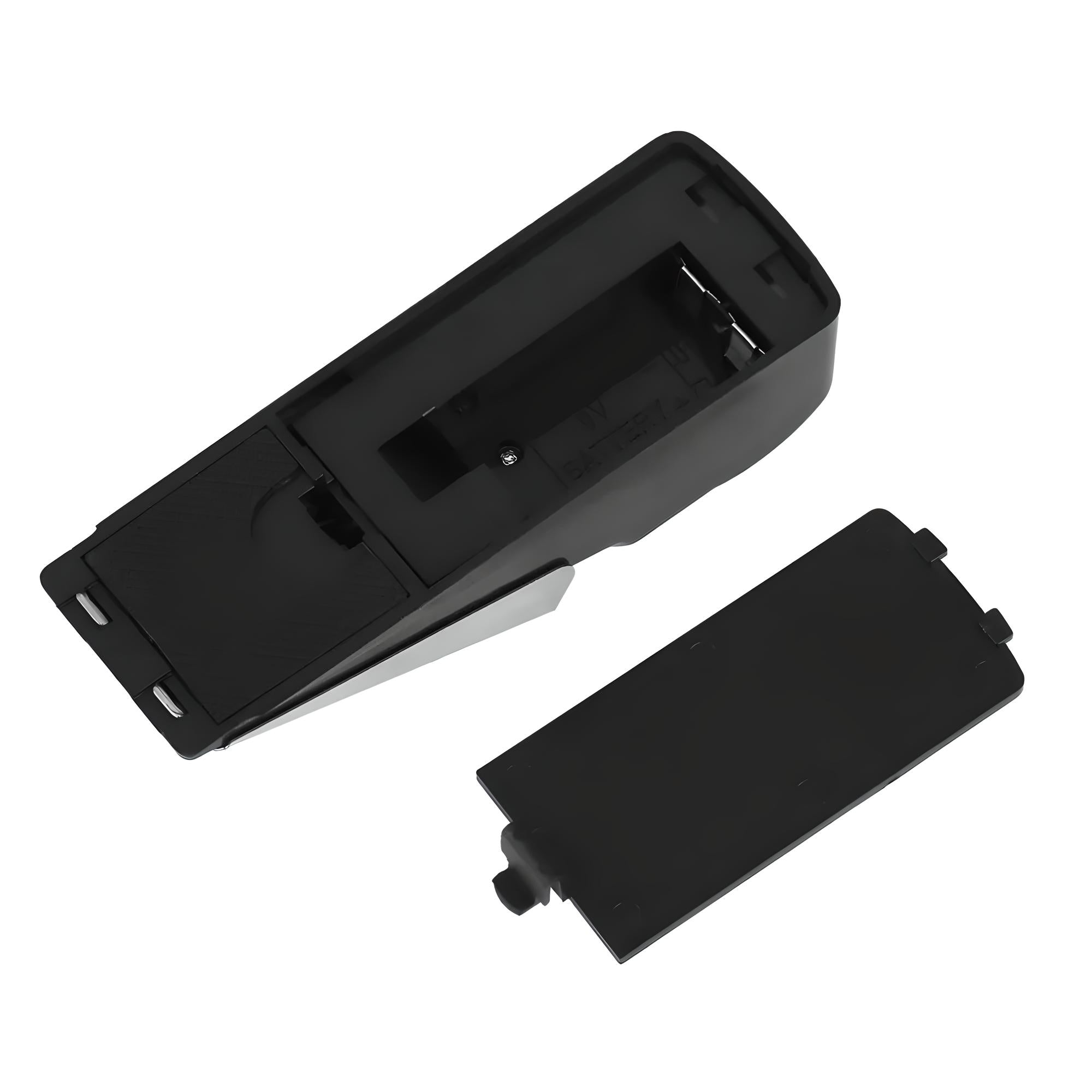 Schwarzes Batteriefach aus Kunststoff, rechteckig, mit abnehmbarem Deckel für elektronische Geräte.