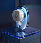 Elektrischer blauer Fusselrasierer mit digitalem Display auf Ladestation, modernes Design.