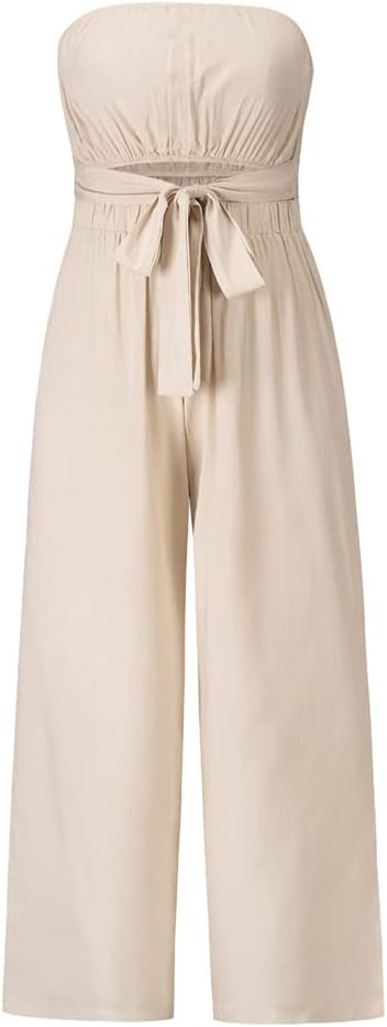 Damen Jumpsuit beige, schulterfrei, mit Taillengürtel. Eleganter Einteiler, ideal für Sommermode, Freizeitkleidung, stilvoll und bequem.