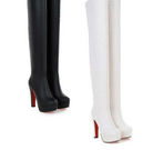 Schwarze und weiße Overknee-Stiefel mit hohem Absatz, elegantes Design, ideal für Damenmode, stilvolle Schuhe, trendige Stiefel für Herbst/Winter.