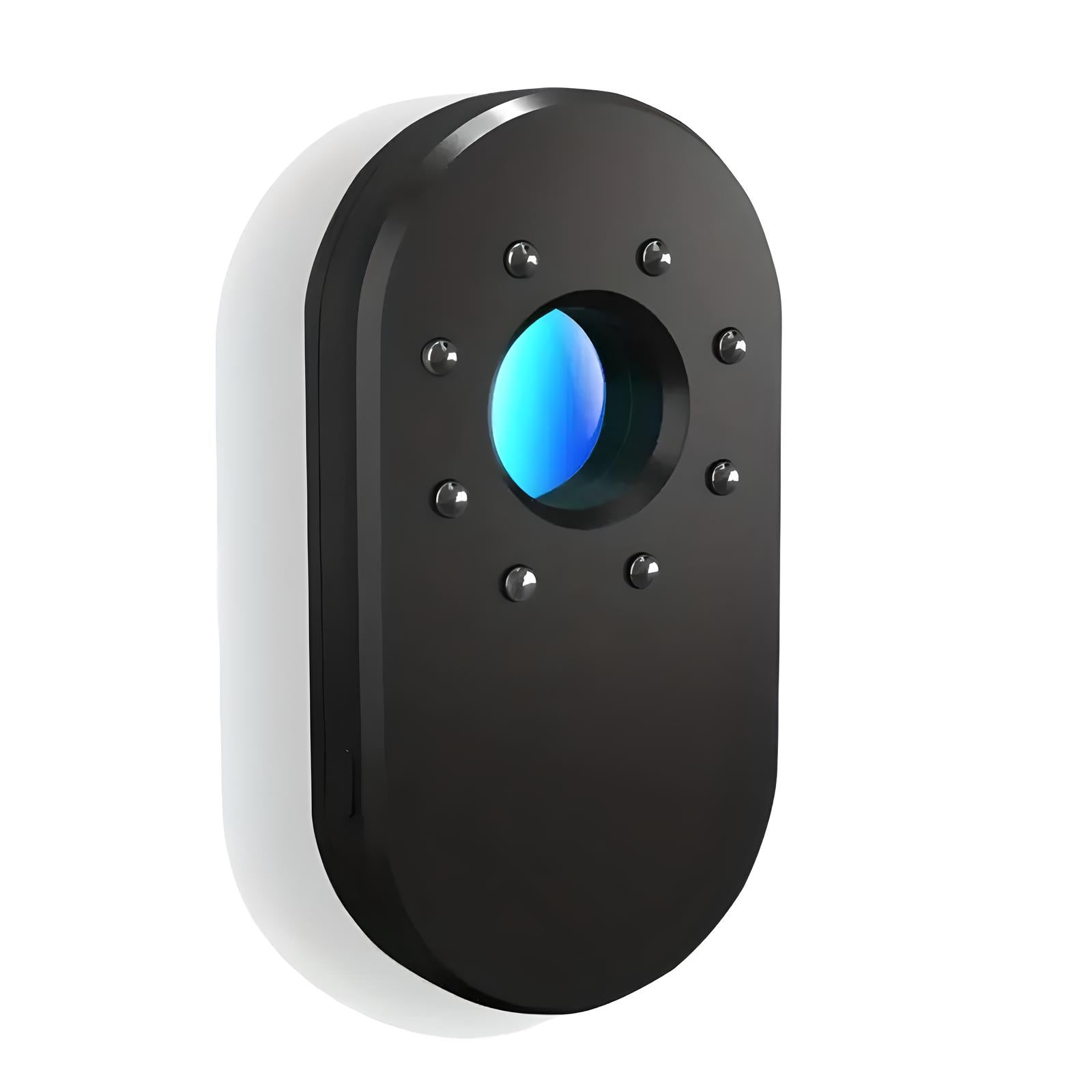 Schwarze Kamera mit blauem Objektiv, ovales Design, Überwachung, moderne Technologie.