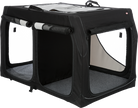 Schwarze faltbare Hundebox mit Netzfenstern, ideal für Reisen und Zuhause. Robuste Konstruktion, leicht und tragbar. Perfekt für Haustiere.