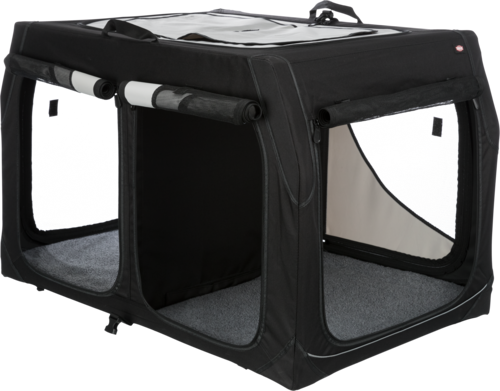 Schwarze faltbare Hundebox mit Netzfenstern, ideal für Reisen und Zuhause. Robuste Konstruktion, leicht und tragbar. Perfekt für Haustiere.