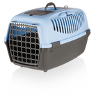 Blaue und schwarze Transportbox für Haustiere, ideal für Katzen und kleine Hunde. Robustes Design, Belüftungsschlitze, sicherer Verschluss.