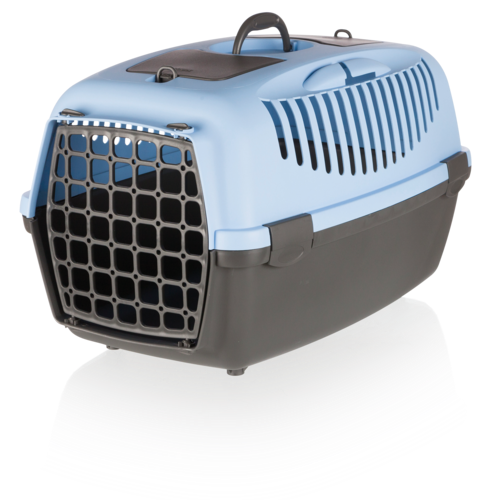 Blaue und schwarze Transportbox für Haustiere, ideal für Katzen und kleine Hunde. Robustes Design, Belüftungsschlitze, sicherer Verschluss.