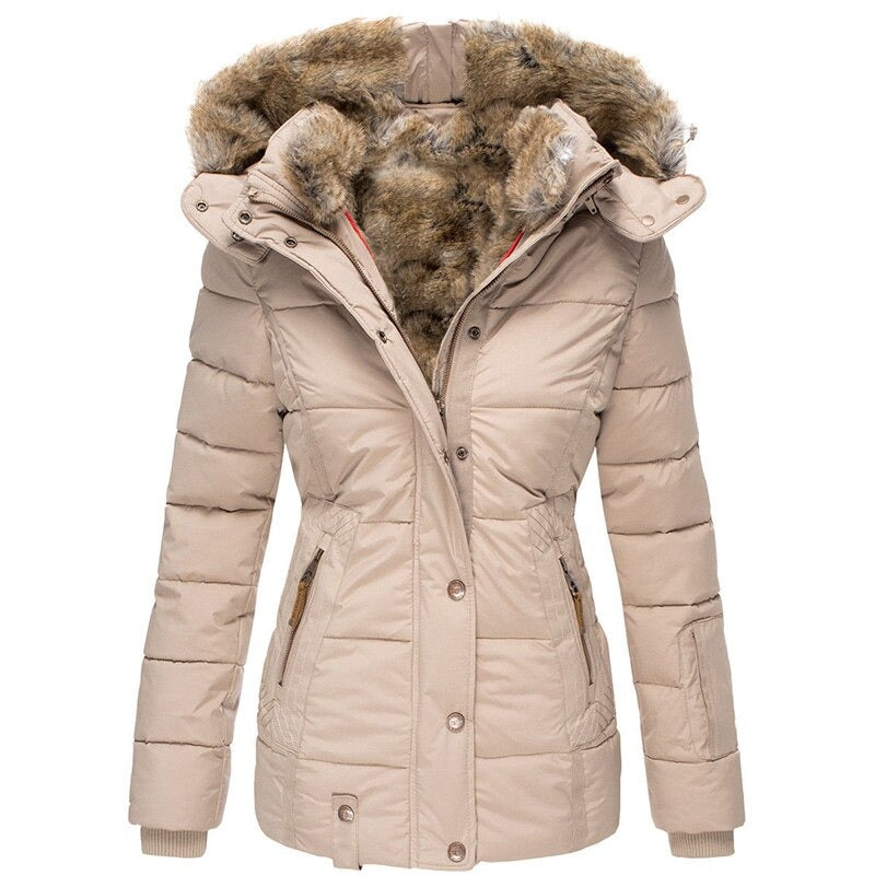 Damen Winterjacke beige mit Kapuze und Kunstfell, warm gefüttert, modisch gesteppt, ideal für kalte Tage, stilvoll und funktional.