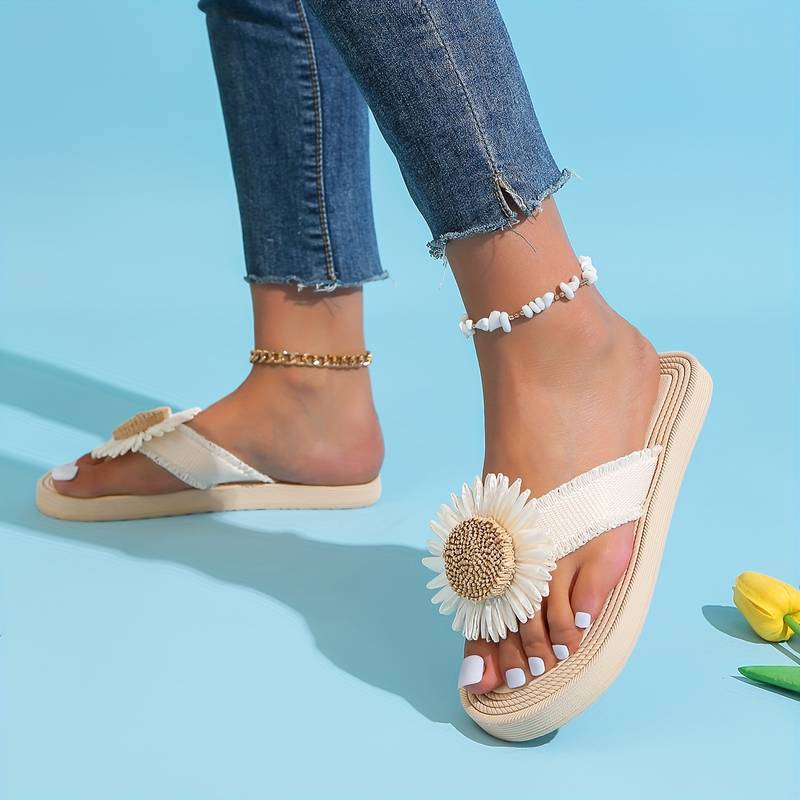 Damen-Sandalen mit Sonnenblumen-Design, bequeme Sommerschuhe, modische Flip-Flops, ideal für Strand und Freizeit, trendige Fußbekleidung.