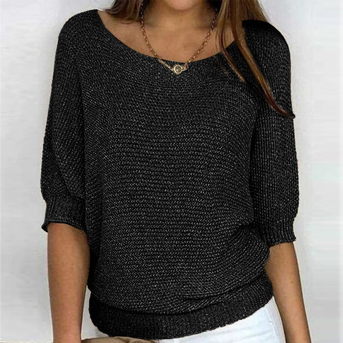 Damenpullover in Schwarz, lässiger Strick, 3/4-Ärmel, Rundhalsausschnitt, ideal für Herbstmode. Perfekt für stilvolle Freizeitoutfits.