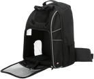 Schwarzer Haustier-Rucksack mit Netzfenstern, ideal für Reisen. Komfortabler, atmungsaktiver Transport für Katzen und kleine Hunde.