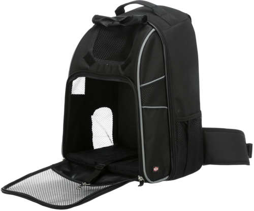 Schwarzer Haustier-Rucksack mit Netzfenstern, ideal für Reisen. Komfortabler, atmungsaktiver Transport für Katzen und kleine Hunde.