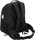 Schwarzer Rucksack mit gepolsterten Schultergurten, Netzseitentaschen und robustem Design. Perfekt für Reisen, Schule und Outdoor-Aktivitäten.