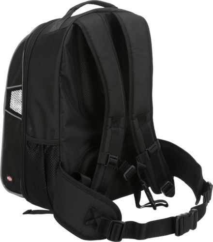 Schwarzer Rucksack mit gepolsterten Schultergurten, Netzseitentaschen und robustem Design. Perfekt für Reisen, Schule und Outdoor-Aktivitäten.