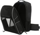 Schwarzer, ergonomischer Rucksack mit Netzfächern und Reißverschlüssen, ideal für Reisen und Outdoor-Aktivitäten. Robustes Design, hoher Komfort.