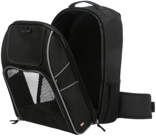 Schwarzer, ergonomischer Rucksack mit Netzfächern und Reißverschlüssen, ideal für Reisen und Outdoor-Aktivitäten. Robustes Design, hoher Komfort.