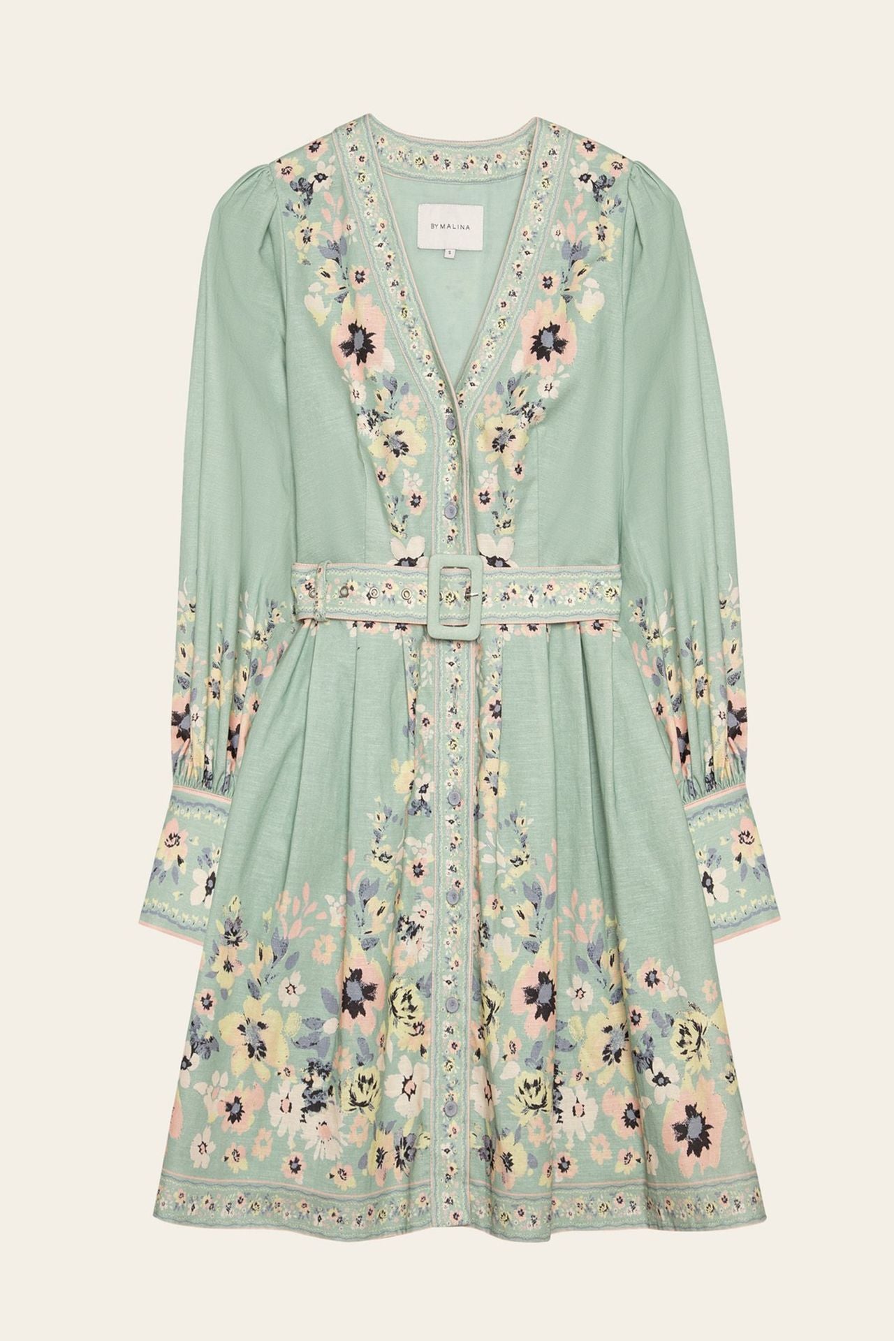 Grünes Kleid mit floralen Stickereien, V-Ausschnitt und Gürtel. Perfekt für Frühling und Sommer. Elegante Damenmode, trendiges Design.