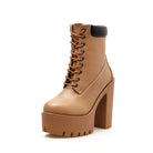 Damen Stiefelette mit Plateauabsatz, beige, Schnürung, modisch, robust, ideal für Herbst/Winter, trendige Schuhe, hoher Absatz, Lederoptik.