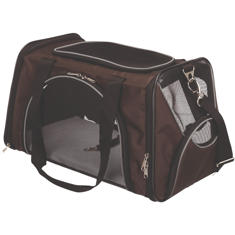 Braune Transporttasche für Haustiere mit Netzfenstern, Reißverschlüssen und Tragegurt. Ideal für Reisen mit Hund oder Katze.