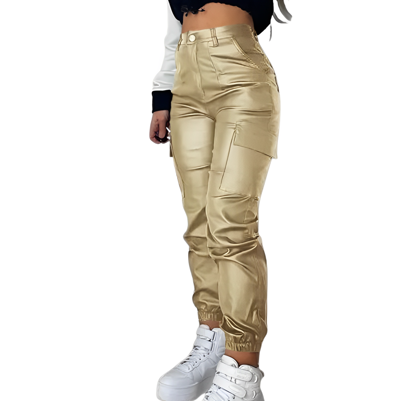 Goldene Cargo-Hose für Damen, hoch tailliert, mit Seitentaschen, modisch und vielseitig, ideal für Streetwear und trendige Outfits.