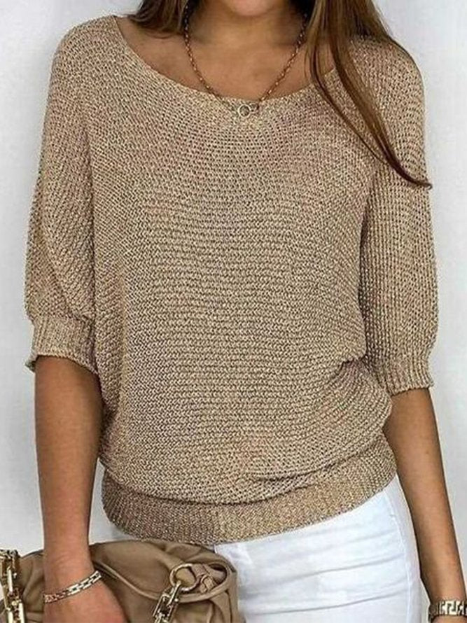 Damenpullover in Beige, lässiger Strick, dreiviertel Ärmel, ideal für Frühling und Herbst. Modischer Look, bequem und vielseitig kombinierbar.