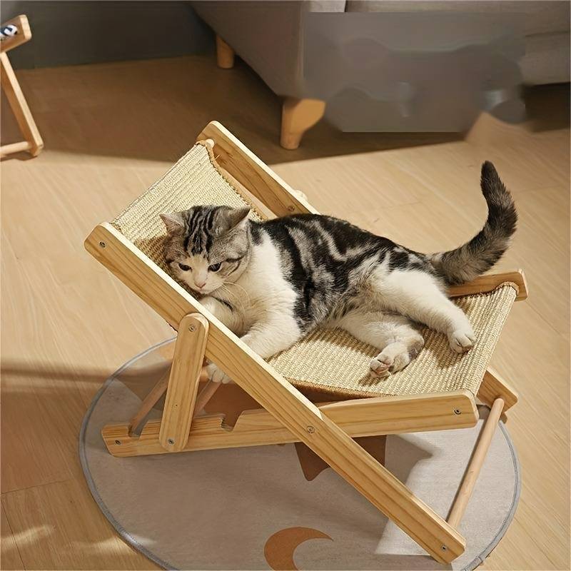 Katzenliege aus Holz mit gemütlichem Stoffbezug, ideal für Katzen zum Entspannen. Perfektes Katzenmöbel für modernes Wohndesign.