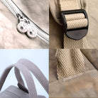 Beige Rucksack-Details, Reißverschluss, Schnalle, Tragegriff, strapazierfähiges Material.