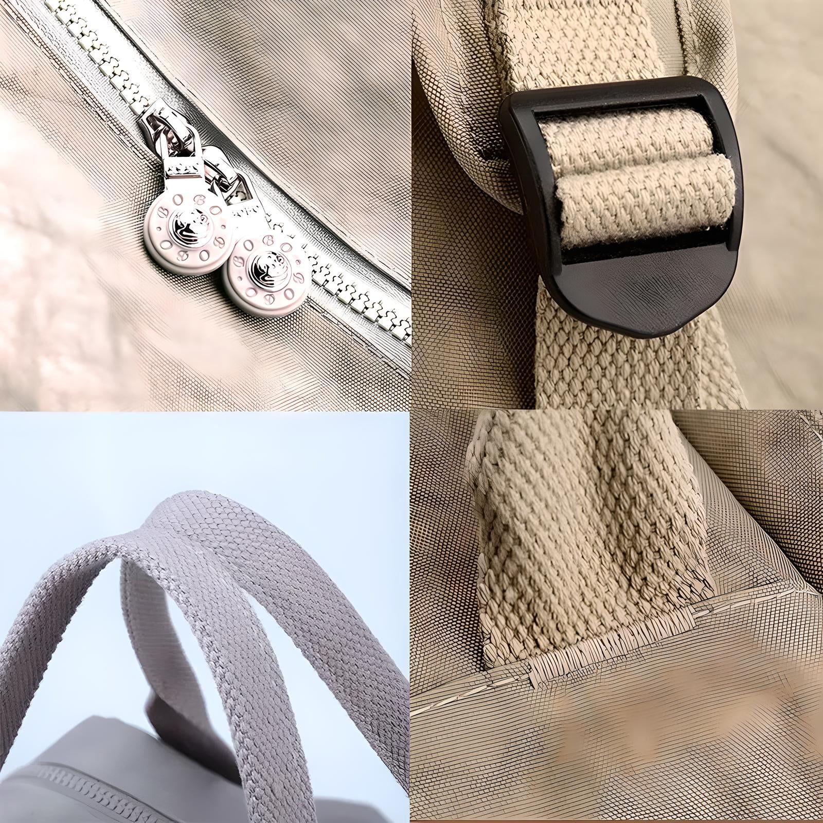 Beige Rucksack-Details, Reißverschluss, Schnalle, Tragegriff, strapazierfähiges Material.