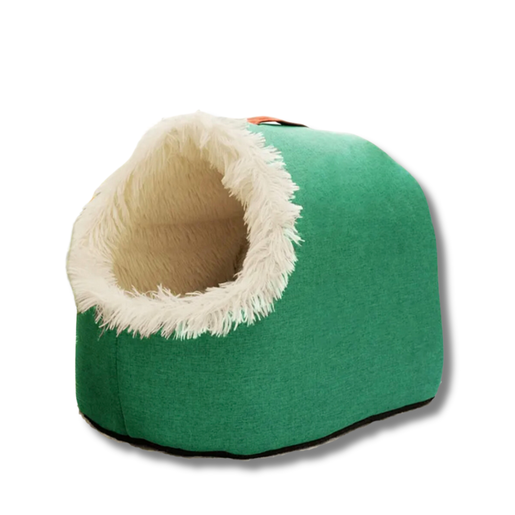 Grüne Katzenhöhle mit weichem, weißem Plüschrand, ideal für Haustiere. Gemütliches Katzenbett, modernes Design, perfekter Rückzugsort.