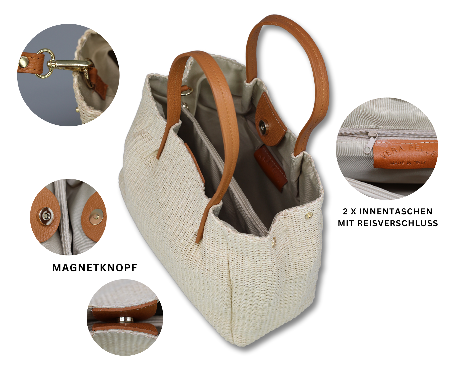 Beige Handtasche aus Stroh mit braunen Ledergriffen, Magnetknopf, zwei Innentaschen mit Reißverschluss. Perfekt für stilvolle Sommerlooks.