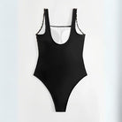 Schwarzer Badeanzug Damen, ärmellos, einteilig, modisch, Strandmode, Sommerbekleidung.