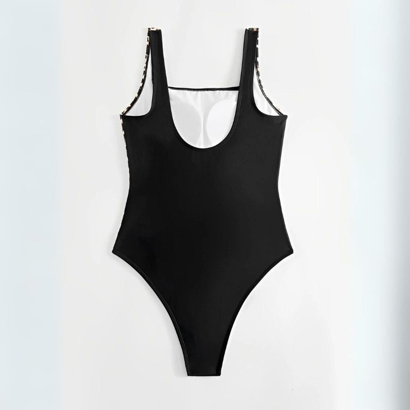 Schwarzer Badeanzug Damen, ärmellos, einteilig, modisch, Strandmode, Sommerbekleidung.
