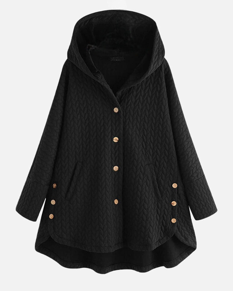 Schwarzer Damenmantel mit Kapuze, Knopfleiste und Taschen. Stilvoller, gesteppter Stoff, ideal für Herbstmode. Eleganter, warmer Überwurf.