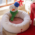 Schneemann-förmiges Katzenbett, weiß, rot gestreift, gemütlich, Winter, Haustierbett.