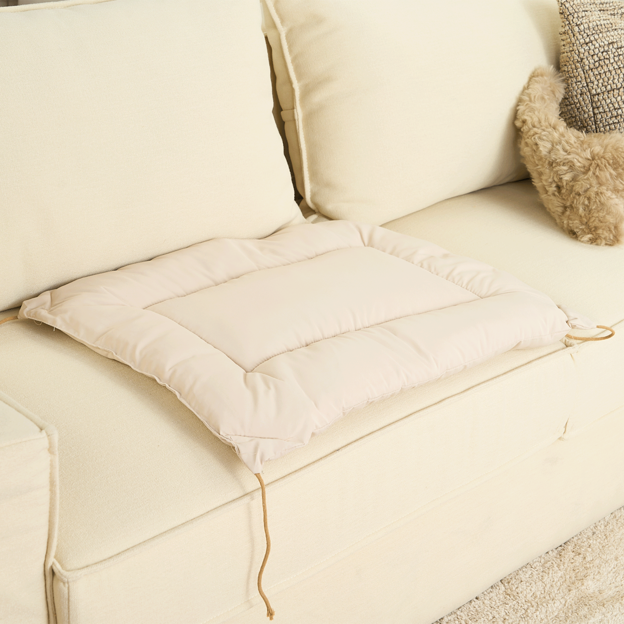 Beige Haustierkissen auf cremefarbenem Sofa, weiches Material, ideal für Hunde und Katzen.