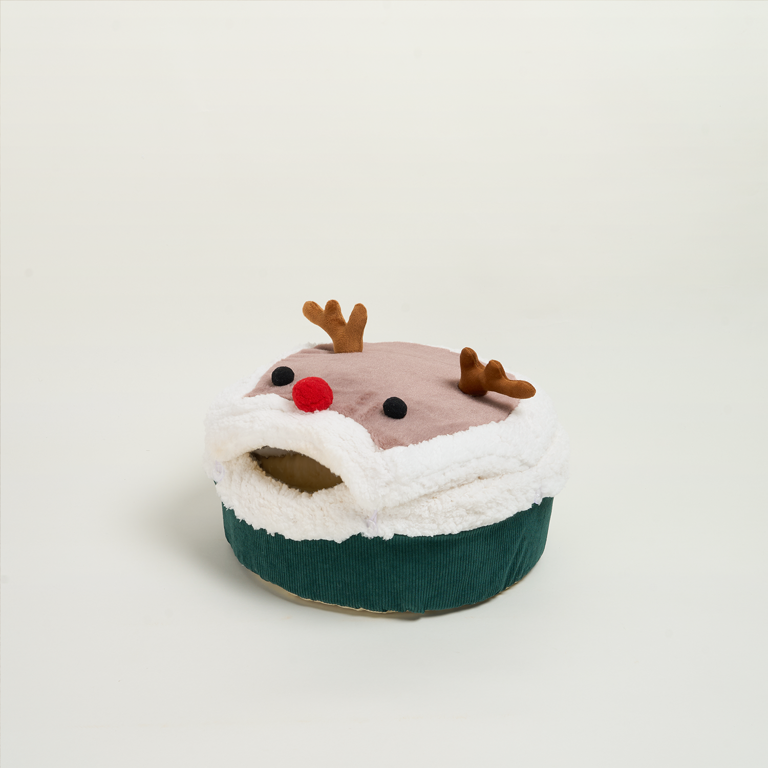 Rentier-Katzenversteck aus Plüsch, grün-weiß, gemütliches Haustierbett, weihnachtliches Design.