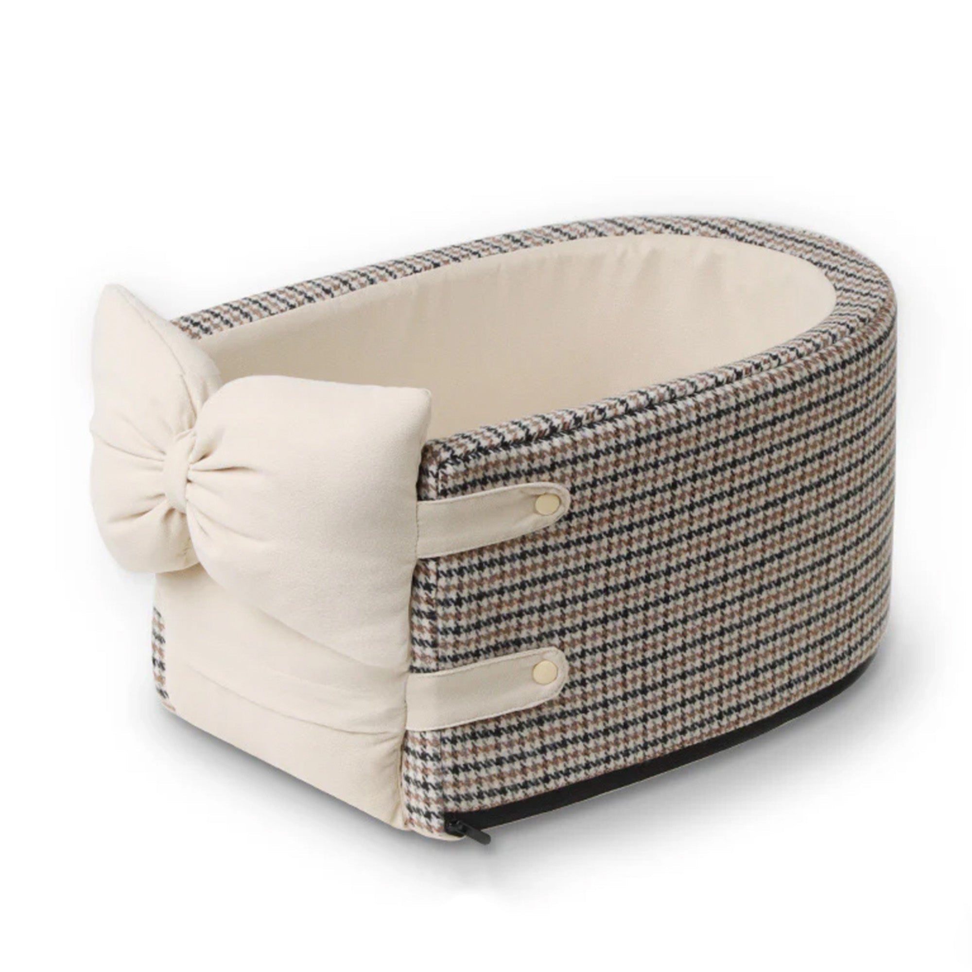 Hundstooth-Haustierautositz mit Schleife, beige, stilvoll, sicher, bequem, für kleine Hunde.
