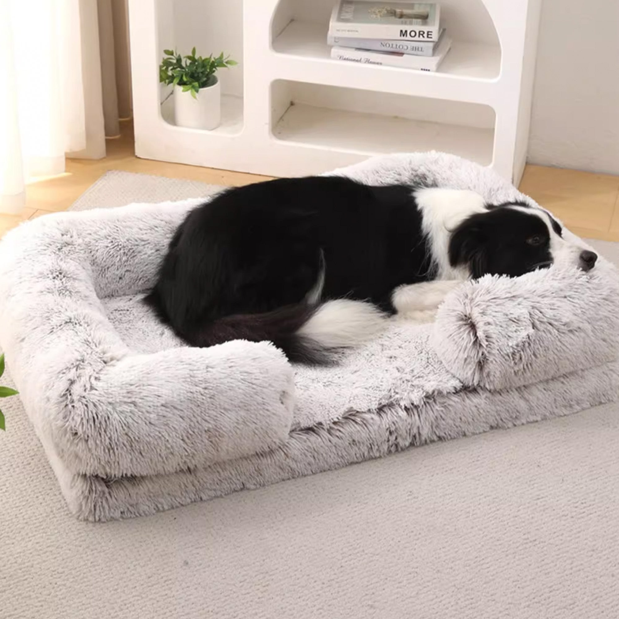 Hundebett aus langem Plüsch, quadratisch, grau, mit Umrandung, für tiefen Schlaf, Border Collie.