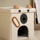Beige Hundehütte aus Plüsch, quadratisch, mit Ohren und Schnauze, ideal für Haustiere.