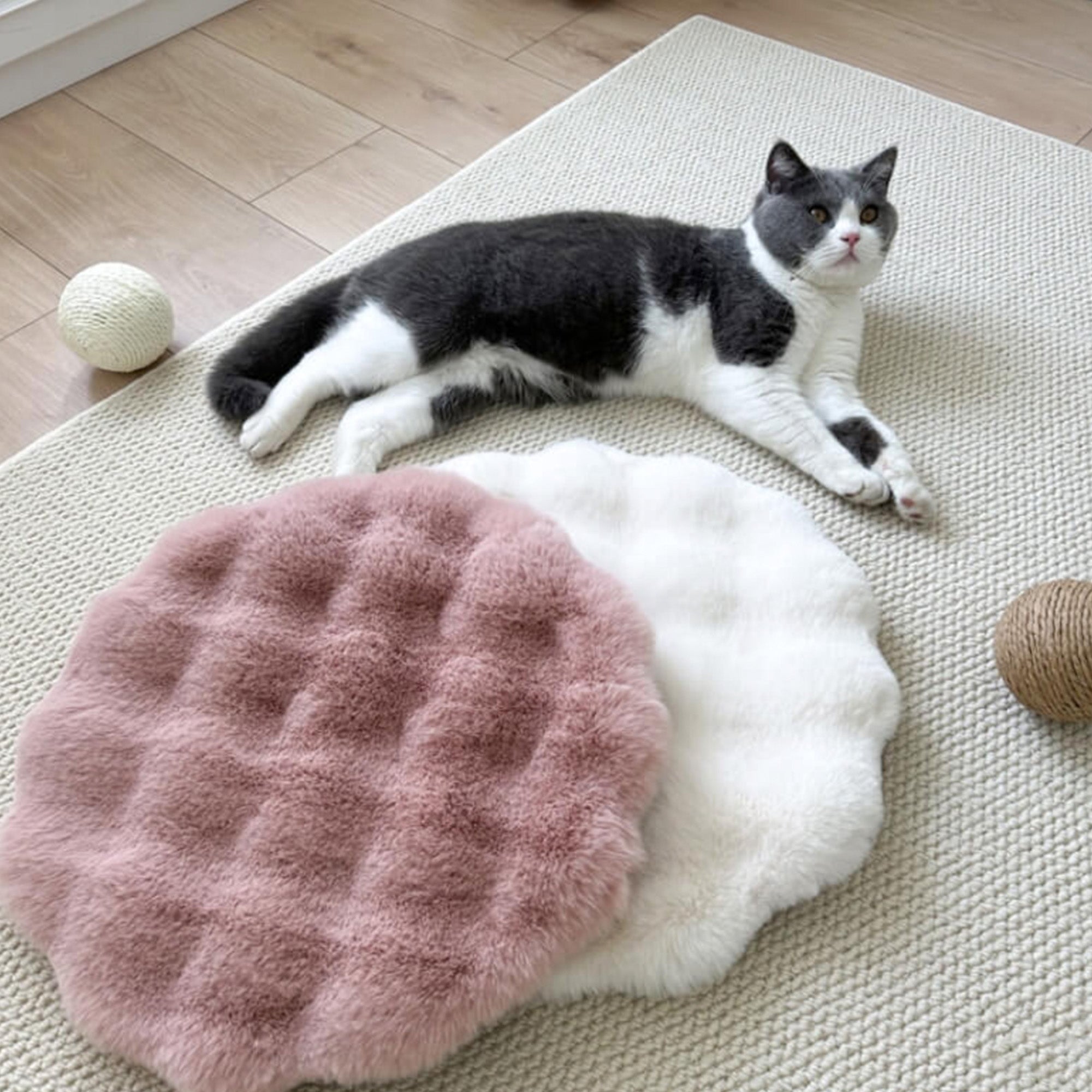 Runde Hundematte aus weichem Plüsch, rosa und weiß, auf Teppich mit Katze im Hintergrund.