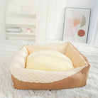 Vintage orthopädisches Hundebett, beige, plüschig, hoher Rand, gemütlich, warm, für Katzen und Hunde.