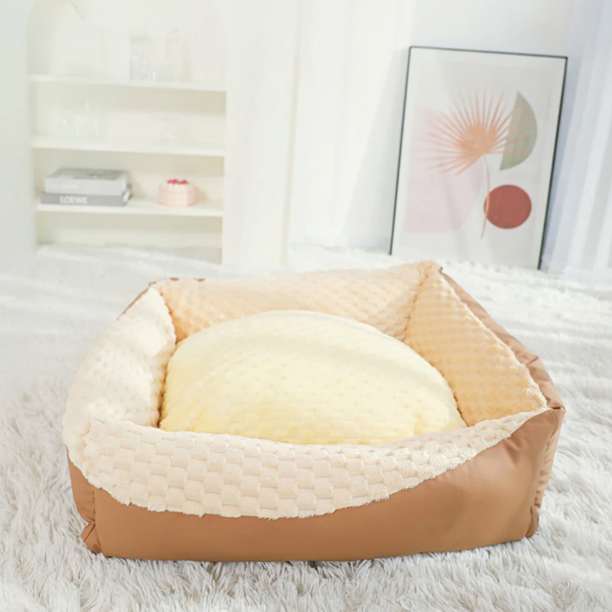 Vintage orthopädisches Hundebett, beige, plüschig, hoher Rand, gemütlich, warm, für Katzen und Hunde.