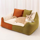 Katzenbett Sofa, grün-orange, mit Kissen, gemütlich, beruhigend, für Haustiere, Hund und Katze.